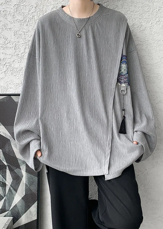 Vintage Khaki Tasseled Patchwork Cotton T Shirts Men Apparel Fall EQ018