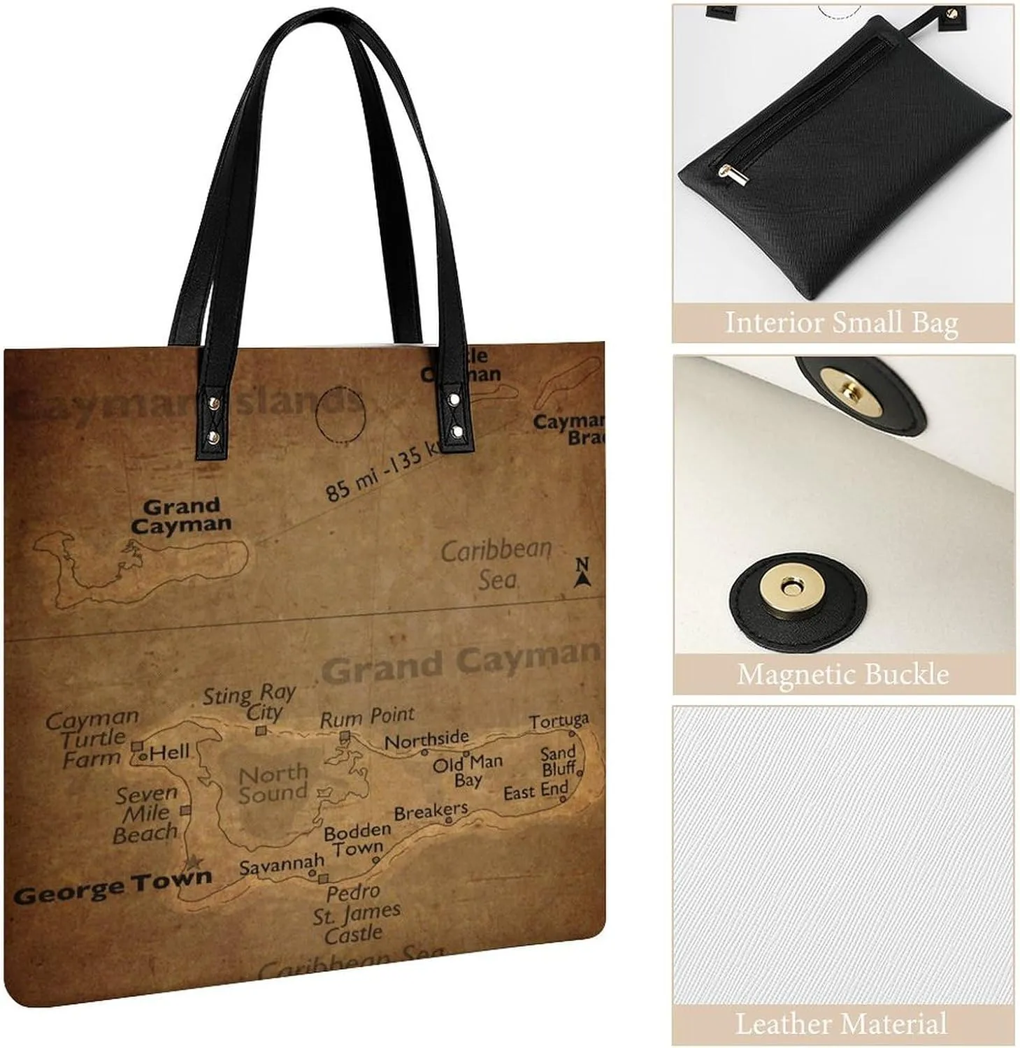 Vintage Maps of Aruba Leather Handbags Shoping Bag Women Large Capacity Beach Bag