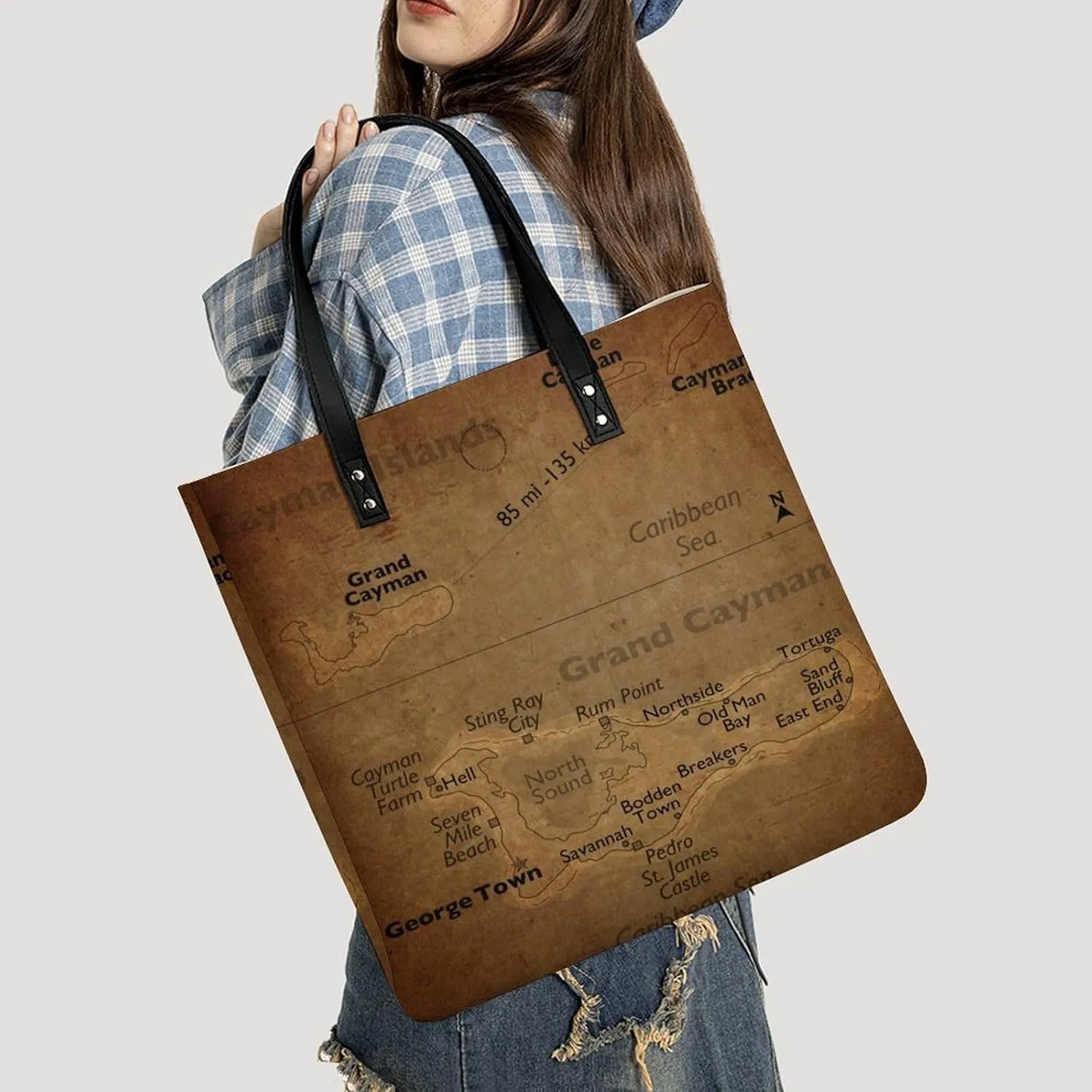 Vintage Maps of Aruba Leather Handbags Shoping Bag Women Large Capacity Beach Bag