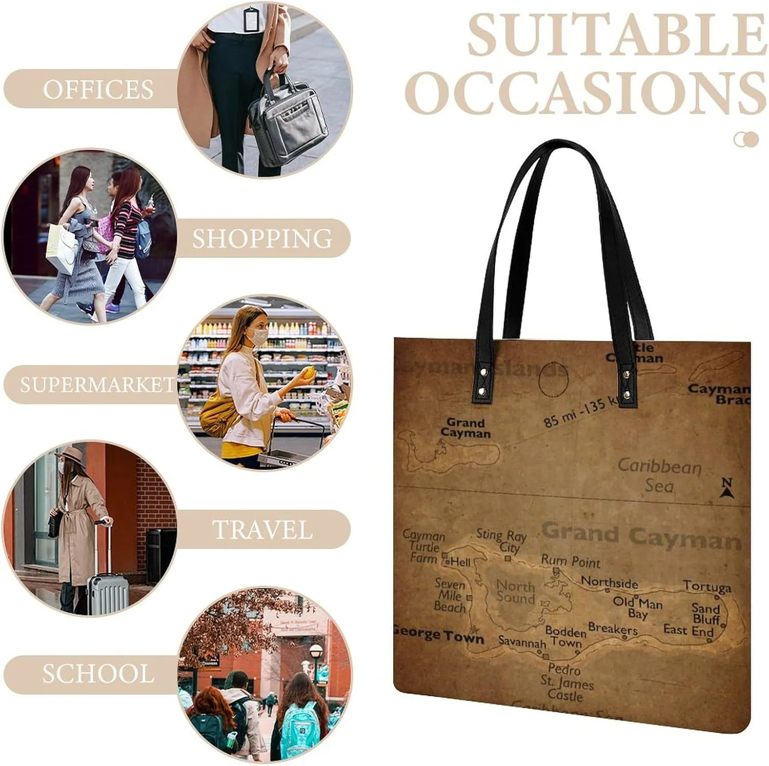 Vintage Maps of Aruba Leather Handbags Shoping Bag Women Large Capacity Beach Bag