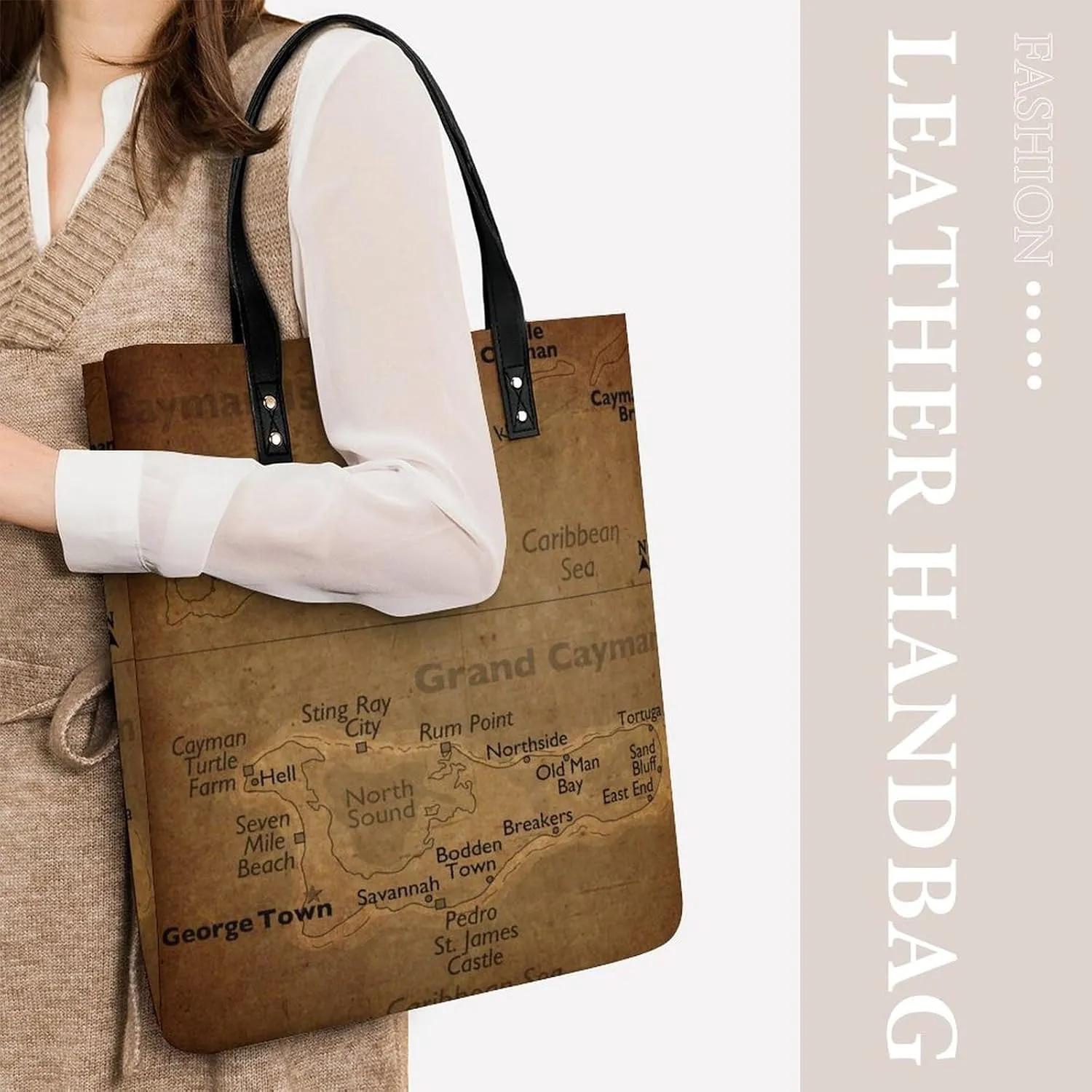 Vintage Maps of Aruba Leather Handbags Shoping Bag Women Large Capacity Beach Bag