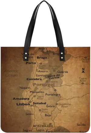 Vintage Maps of Portugal Leather Handbags Shoping Bag Women Large Capacity Beach Bag
