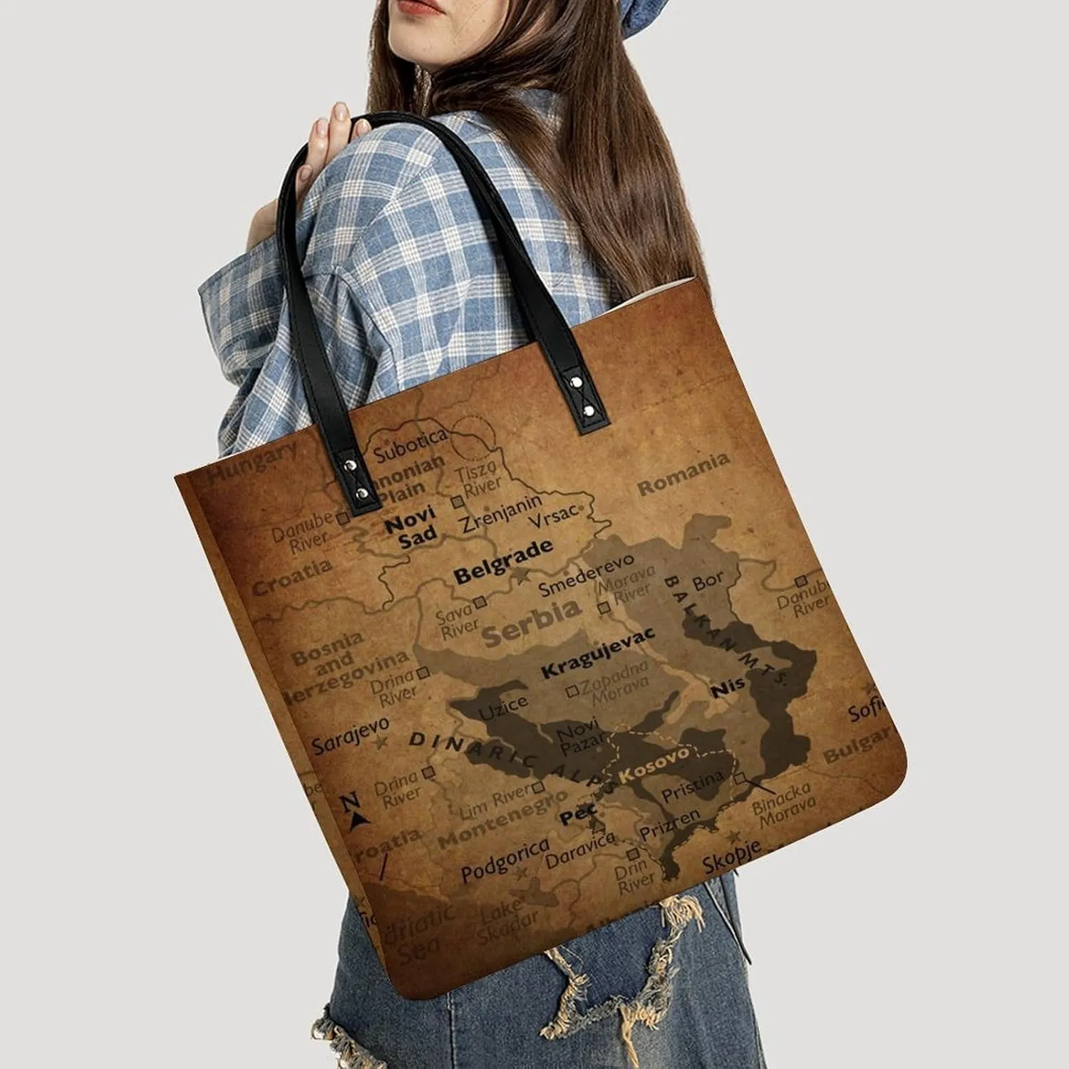 Vintage Maps of The Gambia Leather Handbags Shoping Bag Women Large Capacity Beach Bag