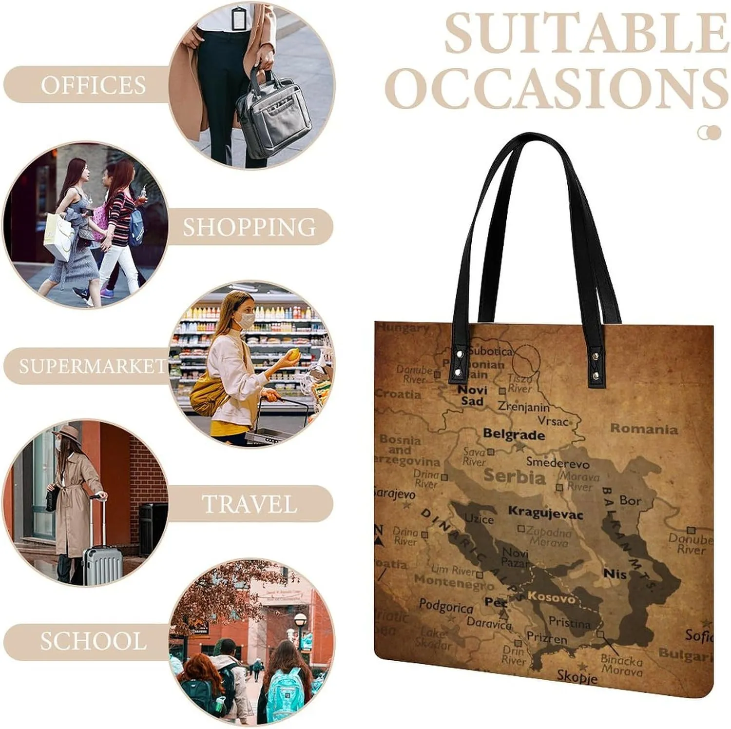 Vintage Maps of The Gambia Leather Handbags Shoping Bag Women Large Capacity Beach Bag