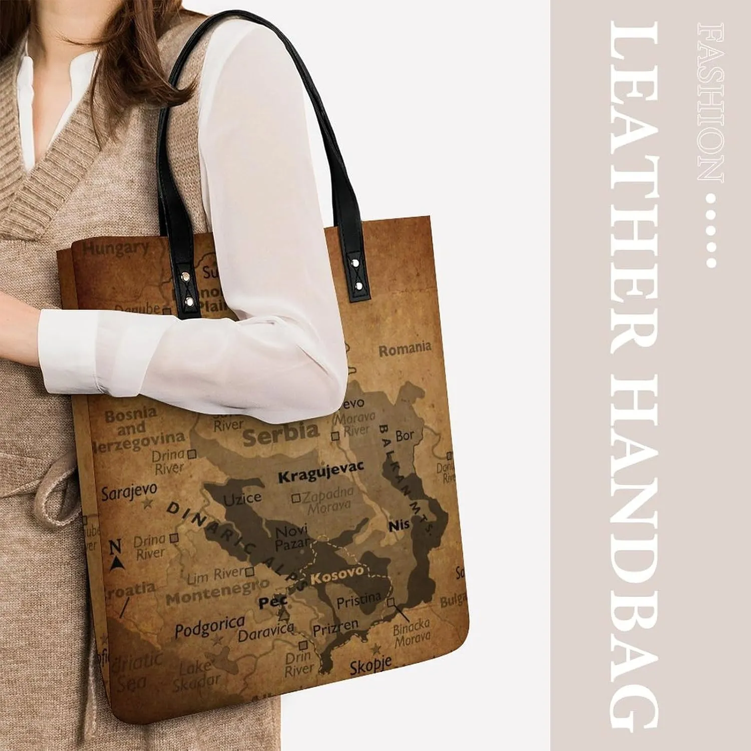 Vintage Maps of The Gambia Leather Handbags Shoping Bag Women Large Capacity Beach Bag
