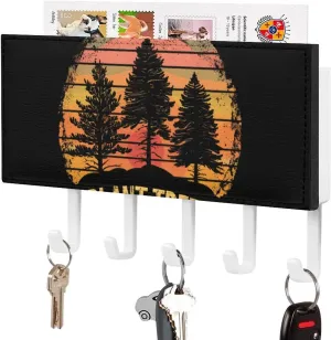 Vintage Sunset Plant Trees Novelty Key Holder Printed Keys Hook Mail Organizer Hanging Rack Decor with 5 Hooks for Wall