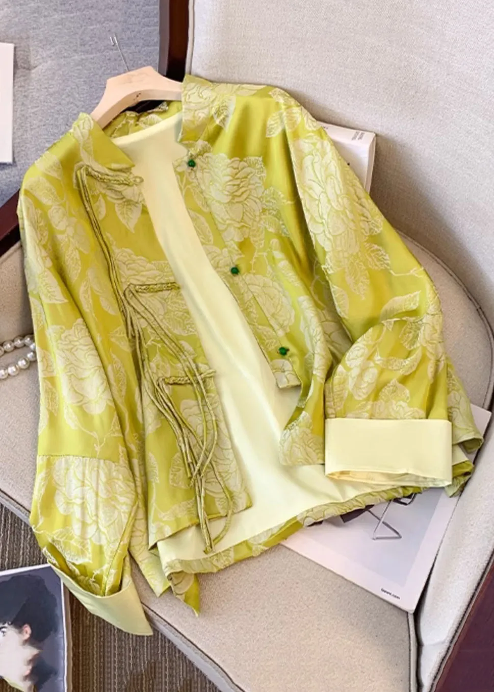 Vintage Yellow Tasseled Button Print Silk Coat Fall QO023