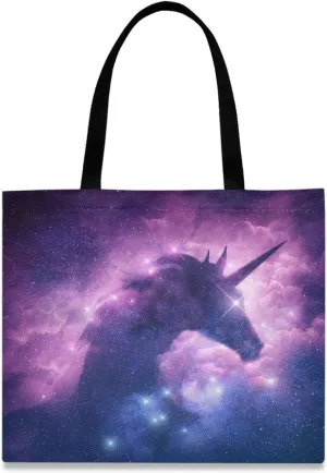 visesunny Women's Large Canvas Tote Shoulder Bag Unicorn Silhouette In Galaxy Nebula Cloud Top Storage Handle Shopping Bag Casual Reusable Tote Bag for Beach,Travel,Groceries,Books