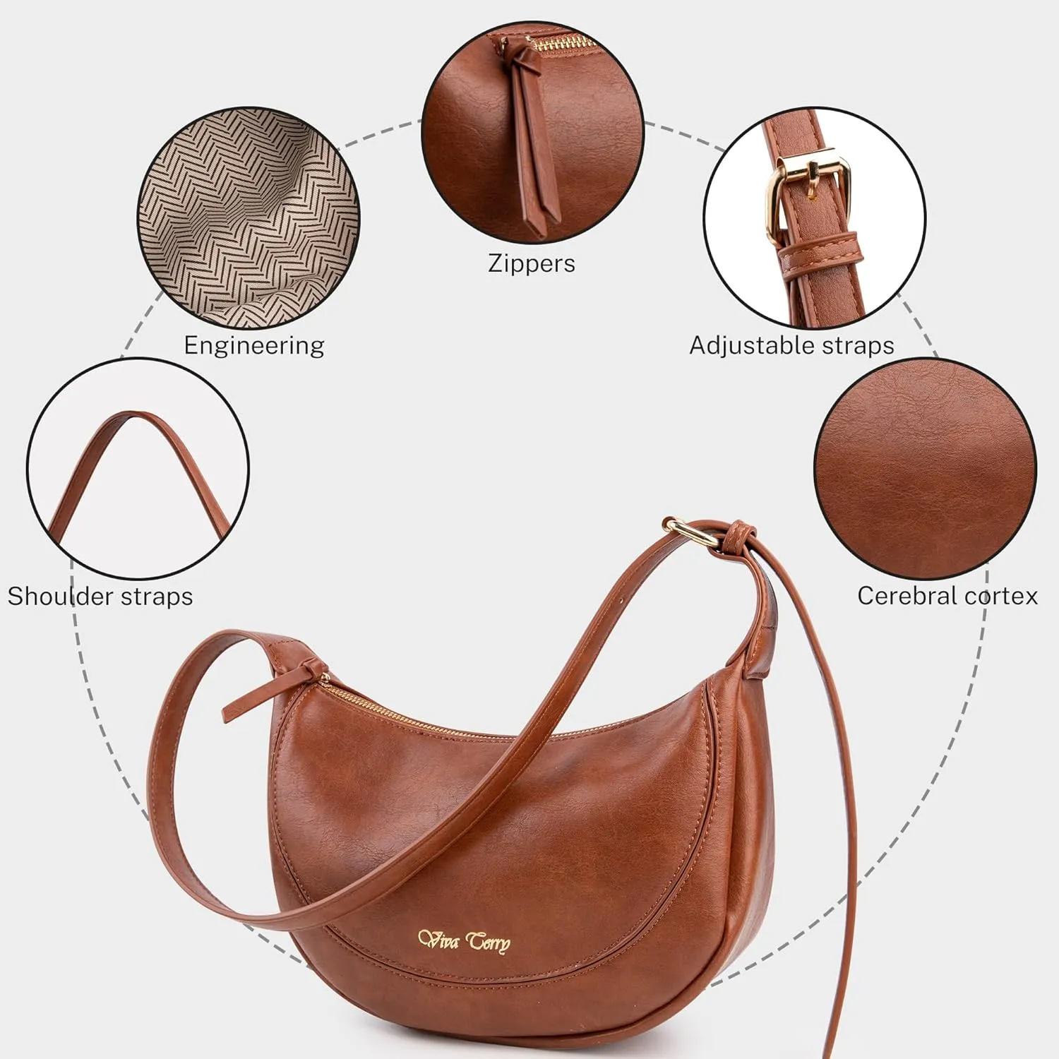 Viva Terry Vegan Leather Crescent Bag Casual Shoulder Purse and Handbag for Women with Adjustable Strap and Tassel