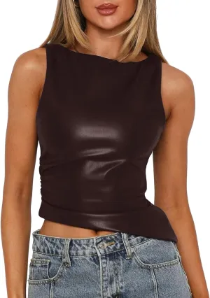 Vivitulip Women's Faux Leather Ruched Tank Top High Neck Sleeveless Cami Shirt
