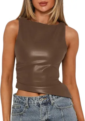 Vivitulip Women's Faux Leather Ruched Tank Top High Neck Sleeveless Cami Shirt