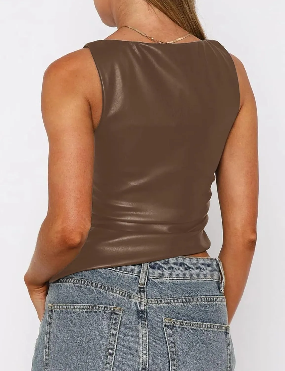 Vivitulip Women's Faux Leather Ruched Tank Top High Neck Sleeveless Cami Shirt