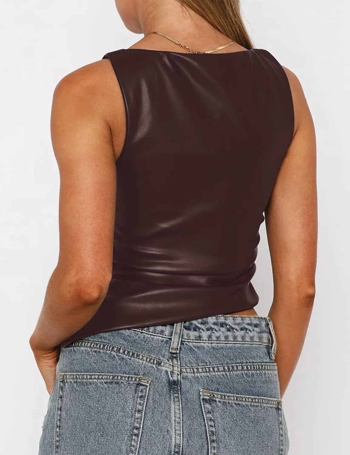 Vivitulip Women's Faux Leather Ruched Tank Top High Neck Sleeveless Cami Shirt