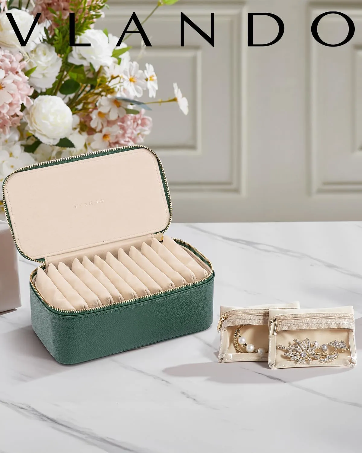 Vlando Mothers Day Gifts Mom Gifts,Jewelry Case with 12 Velvet Jewelry Bags Travel Jewelry Organzier for Travelers Necklace Rings Earrings Jewelry Bags Birthday Wedding Gifts (Green)