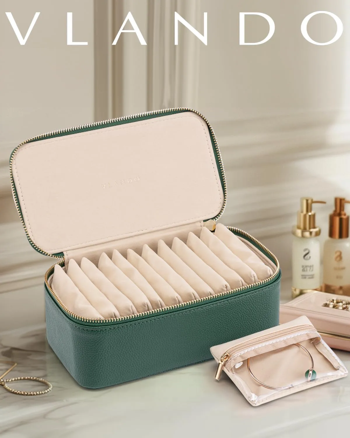 Vlando Mothers Day Gifts Mom Gifts,Jewelry Case with 12 Velvet Jewelry Bags Travel Jewelry Organzier for Travelers Necklace Rings Earrings Jewelry Bags Birthday Wedding Gifts (Green)