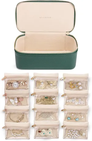 Vlando Mothers Day Gifts Mom Gifts,Jewelry Case with 12 Velvet Jewelry Bags Travel Jewelry Organzier for Travelers Necklace Rings Earrings Jewelry Bags Birthday Wedding Gifts (Green)