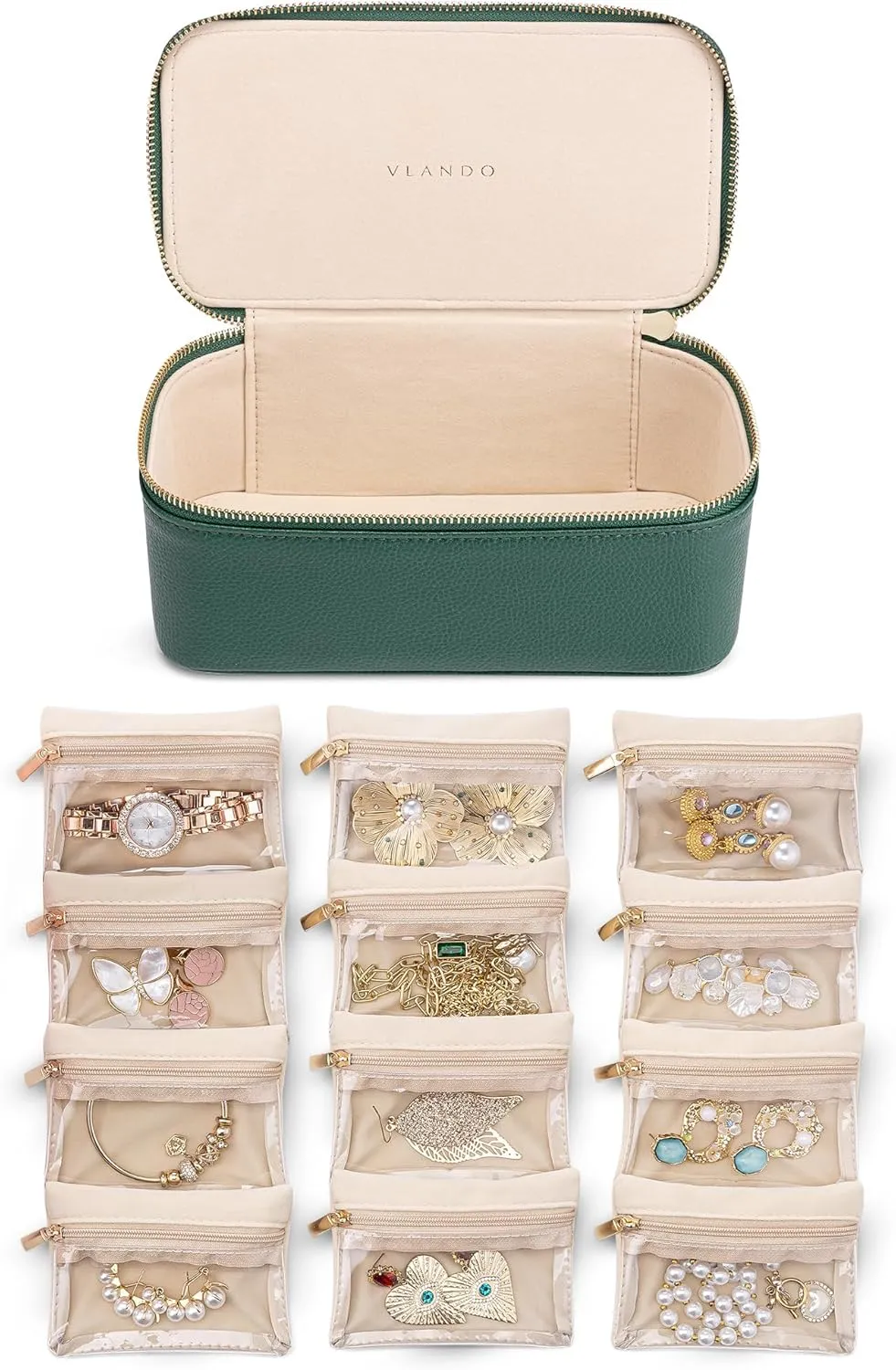 Vlando Mothers Day Gifts Mom Gifts,Jewelry Case with 12 Velvet Jewelry Bags Travel Jewelry Organzier for Travelers Necklace Rings Earrings Jewelry Bags Birthday Wedding Gifts (Green)