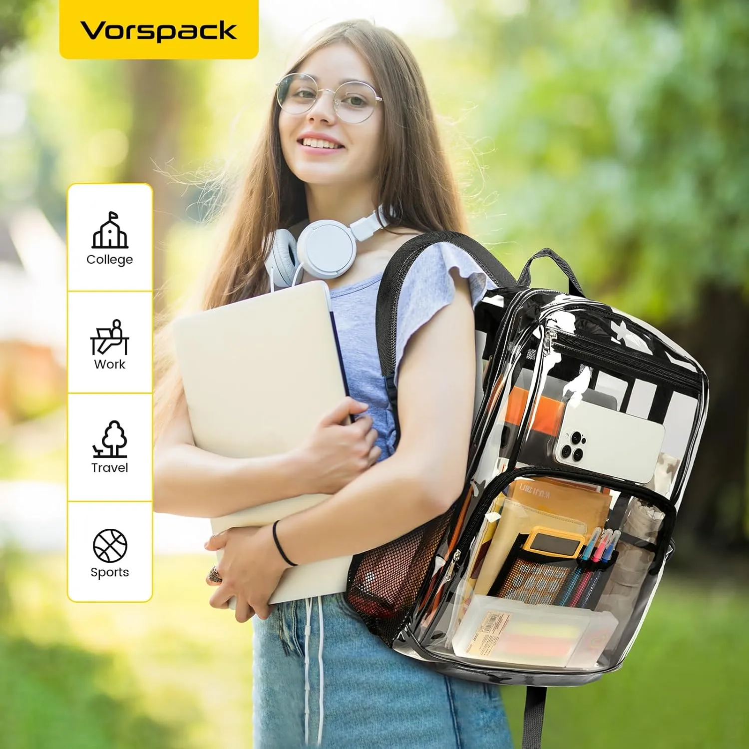 Vorspack Clear Backpack Heavy Duty - Extra Large Clear Bookbag Transparent Backpacks for Adults See Through Backpack for College Work Travel - Black