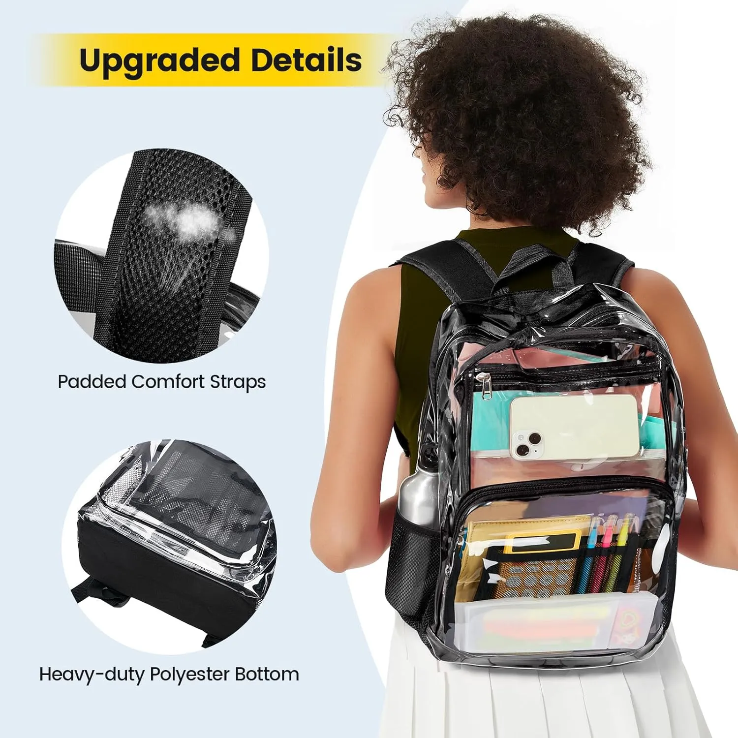 Vorspack Clear Backpack Heavy Duty - Extra Large Clear Bookbag Transparent Backpacks for Adults See Through Backpack for College Work Travel - Black