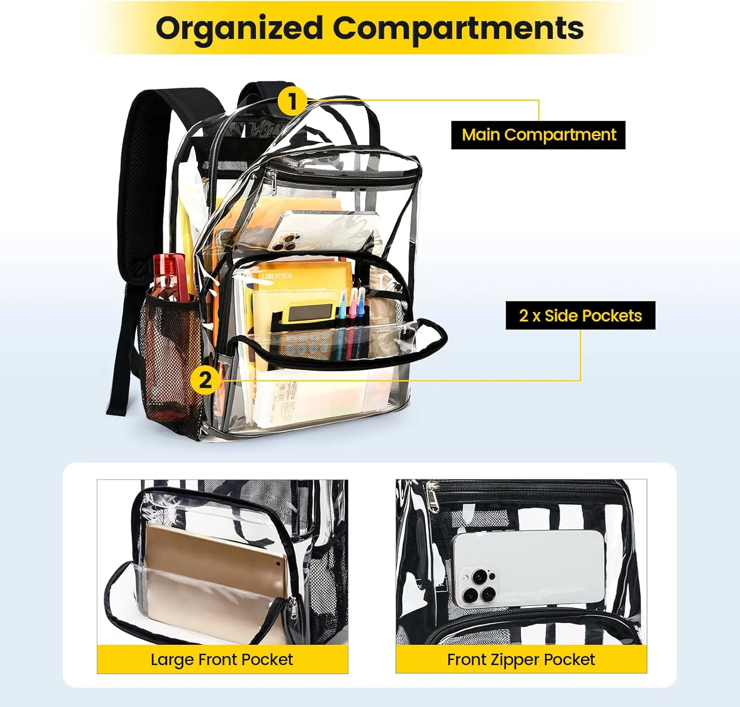 Vorspack Clear Backpack Heavy Duty - Extra Large Clear Bookbag Transparent Backpacks for Adults See Through Backpack for College Work Travel - Black
