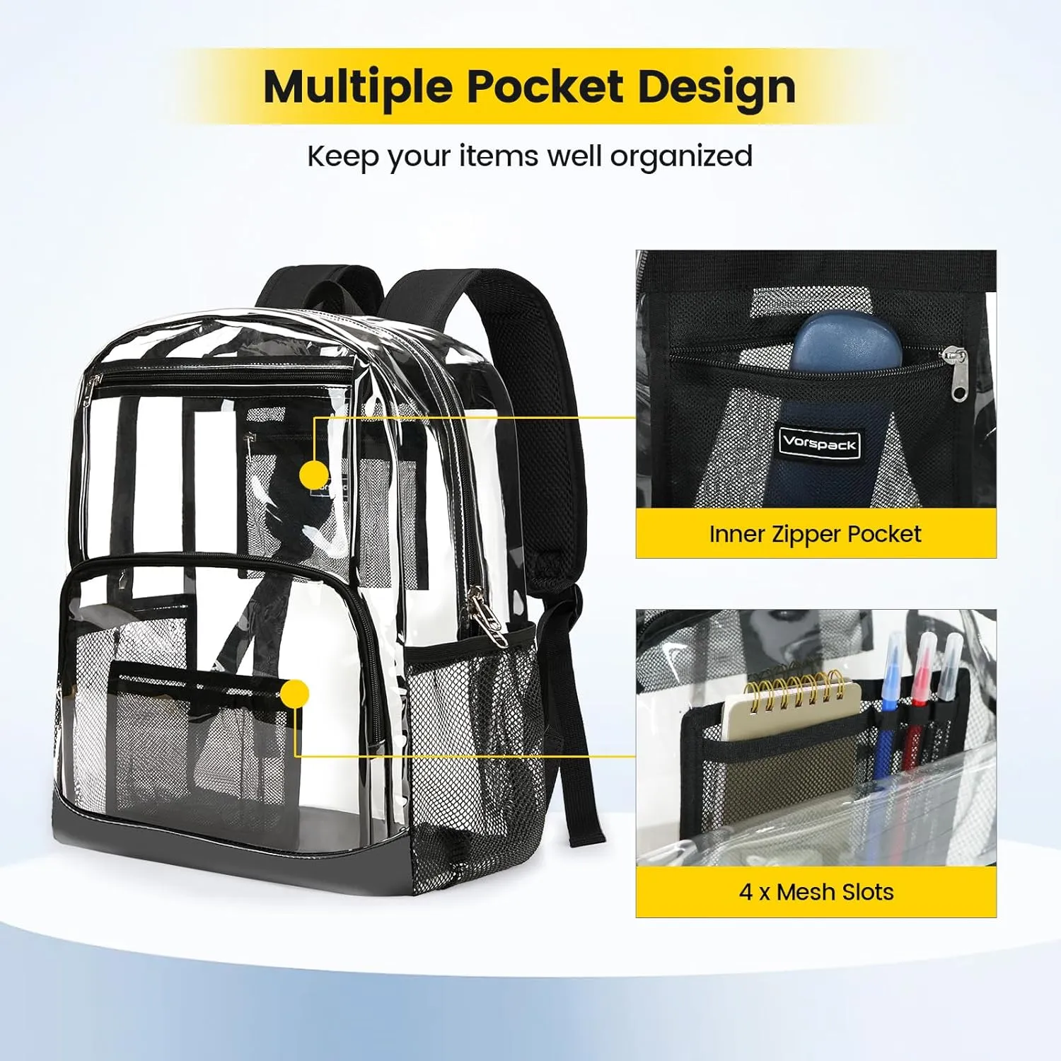 Vorspack Clear Backpack Heavy Duty - Extra Large Clear Bookbag Transparent Backpacks for Adults See Through Backpack for College Work Travel - Black