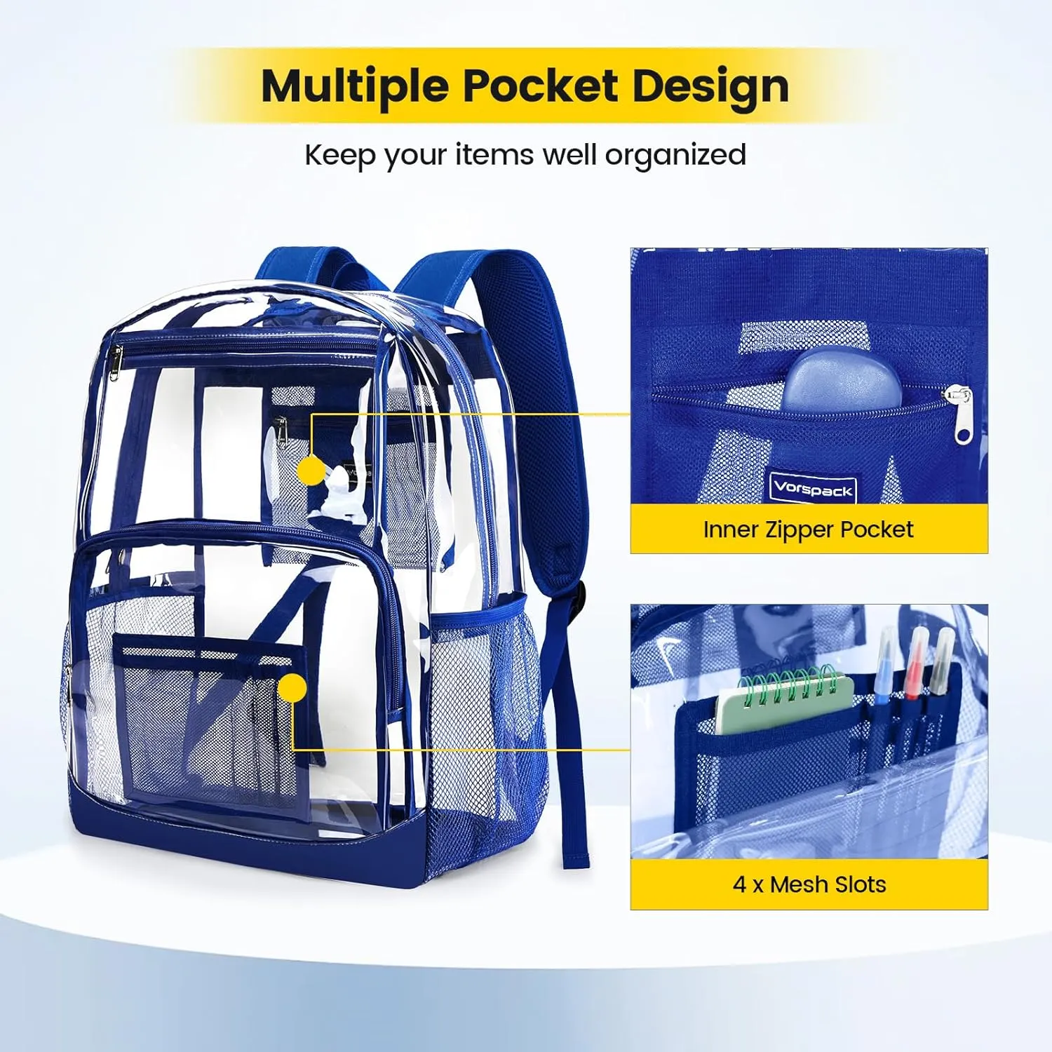 Vorspack Clear Backpack Heavy Duty - Extra Large Clear Bookbag Transparent Backpacks for Adults See Through Backpack for College Work Travel - Blue