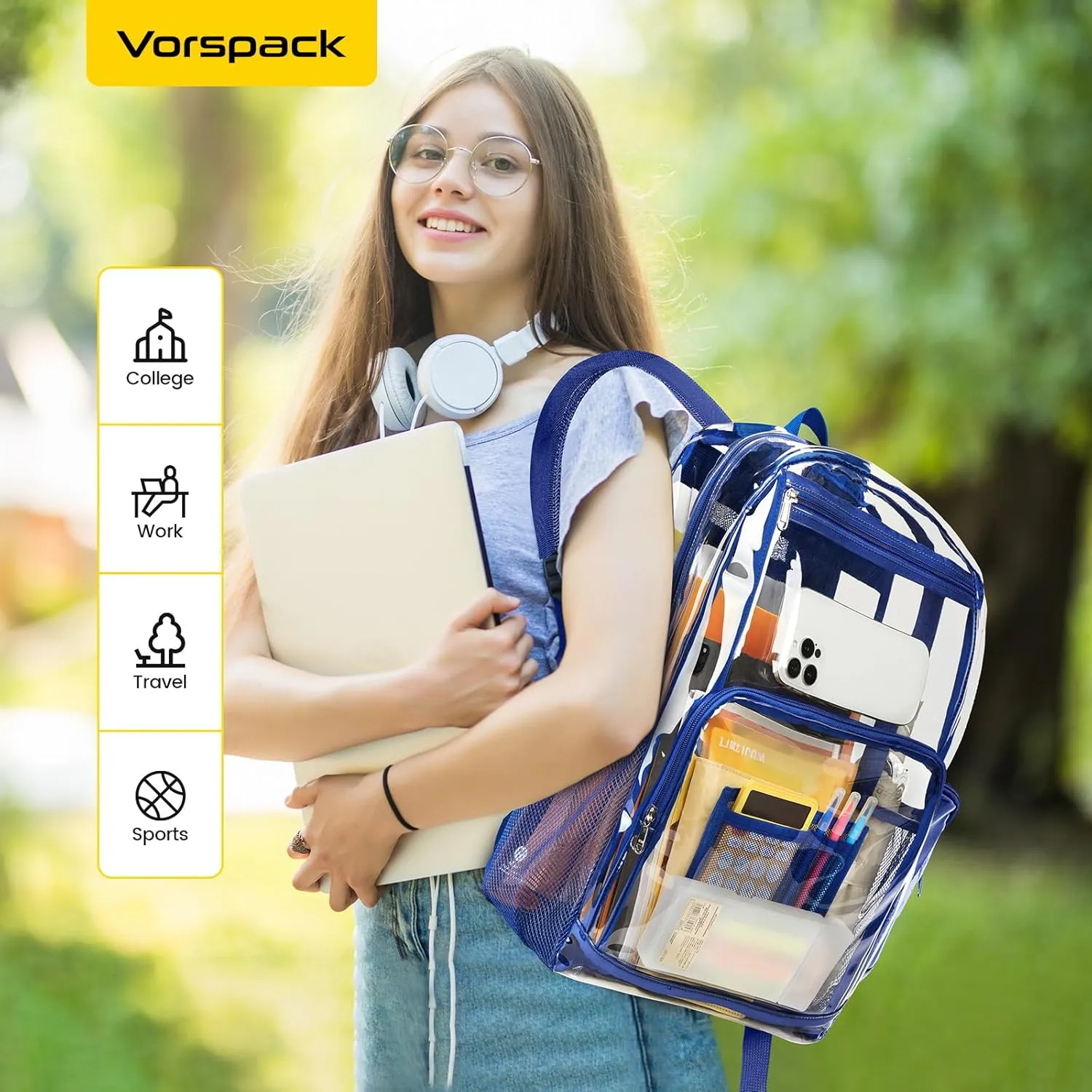 Vorspack Clear Backpack Heavy Duty - Extra Large Clear Bookbag Transparent Backpacks for Adults See Through Backpack for College Work Travel - Blue