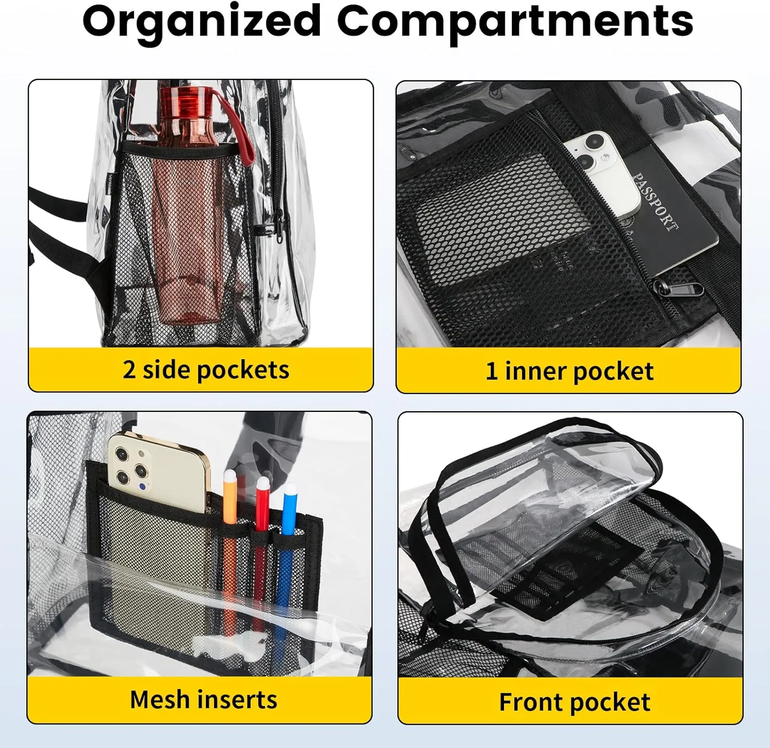 Vorspack Clear Backpack Heavy Duty PVC Transparent Backpack Extra Large Clear Backpacks with Reinforced Strap for College Workplace Security - Black