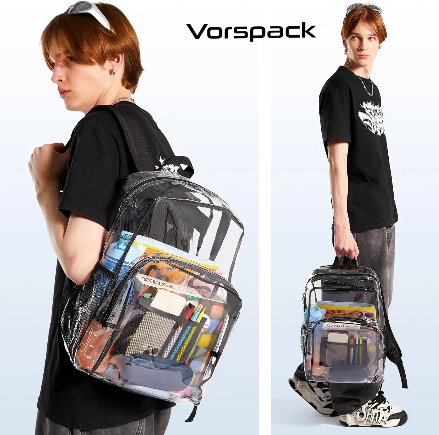 Vorspack Clear Backpack Heavy Duty PVC Transparent Backpack Extra Large Clear Backpacks with Reinforced Strap for College Workplace Security - Black