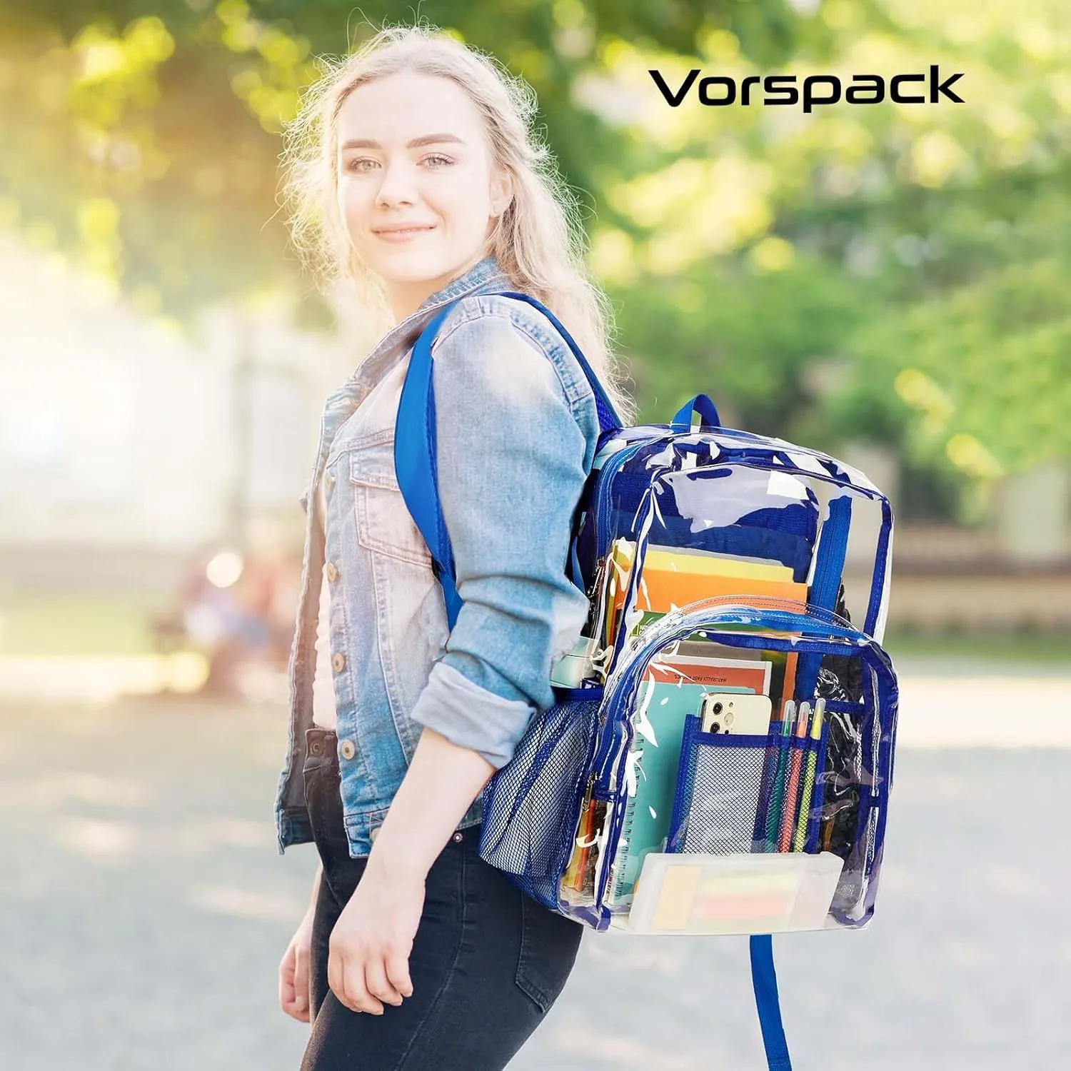 Vorspack Clear Backpack Heavy Duty PVC Transparent Backpack Extra Large Clear Backpacks with Reinforced Strap for College Workplace Security - Blue