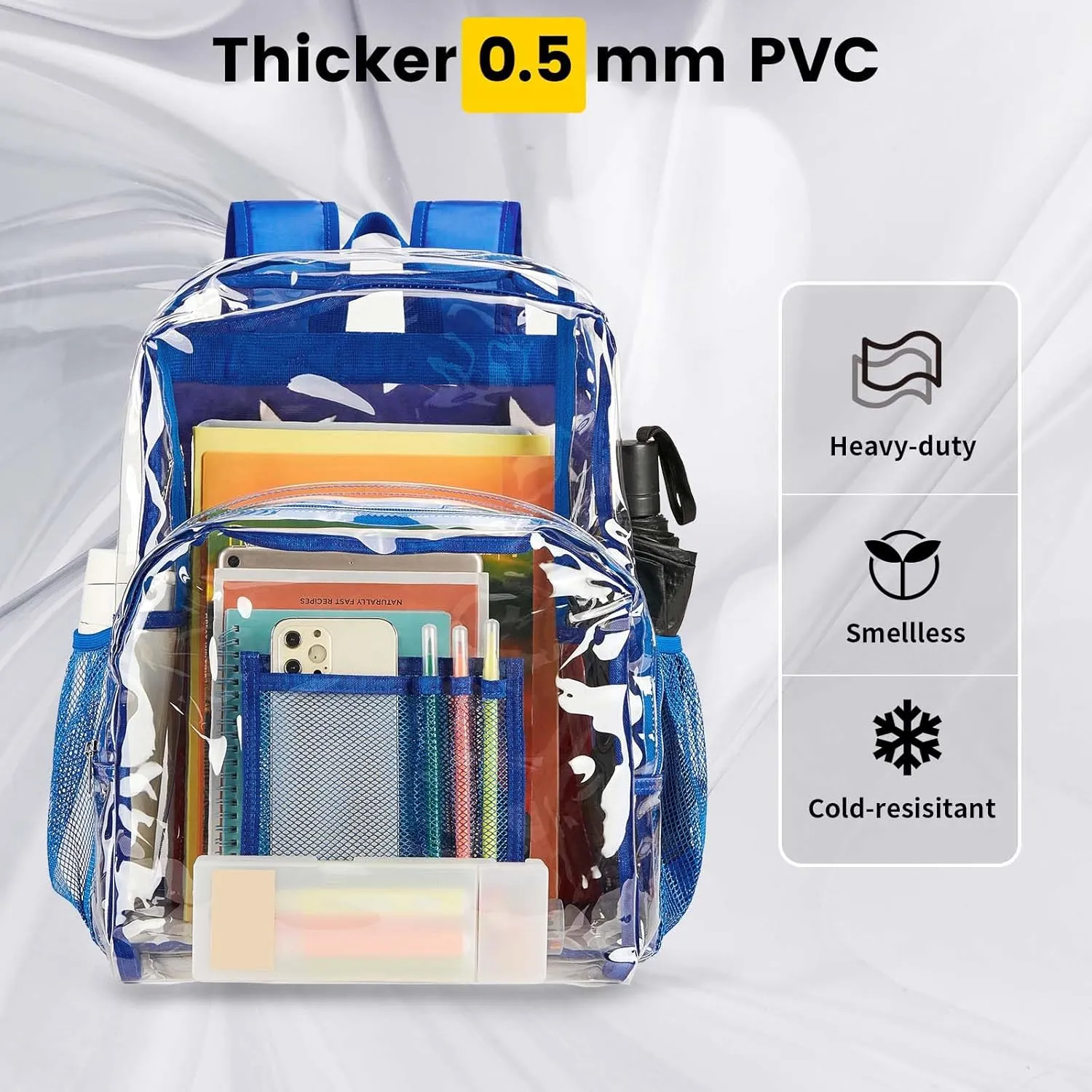 Vorspack Clear Backpack Heavy Duty PVC Transparent Backpack Extra Large Clear Backpacks with Reinforced Strap for College Workplace Security - Blue