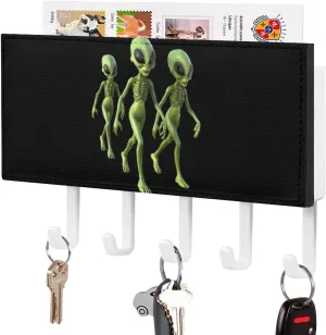 Walking Green Aliens Novelty Key Holder Printed Keys Hook Mail Organizer Hanging Rack Decor with 5 Hooks for Wall