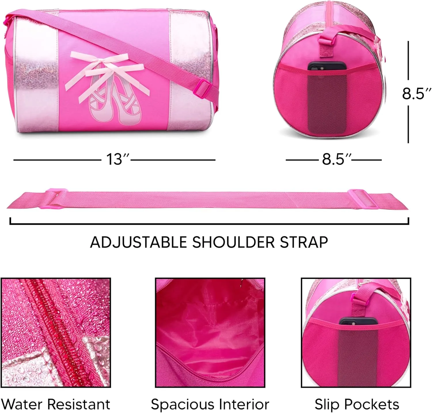 Water-resistance Dance Ballet Slippers Duffel Bag, Kids Travel Bag with Adjustable Carry On Pouch, Dance Accessories For, Teens and Girls (Pink)
