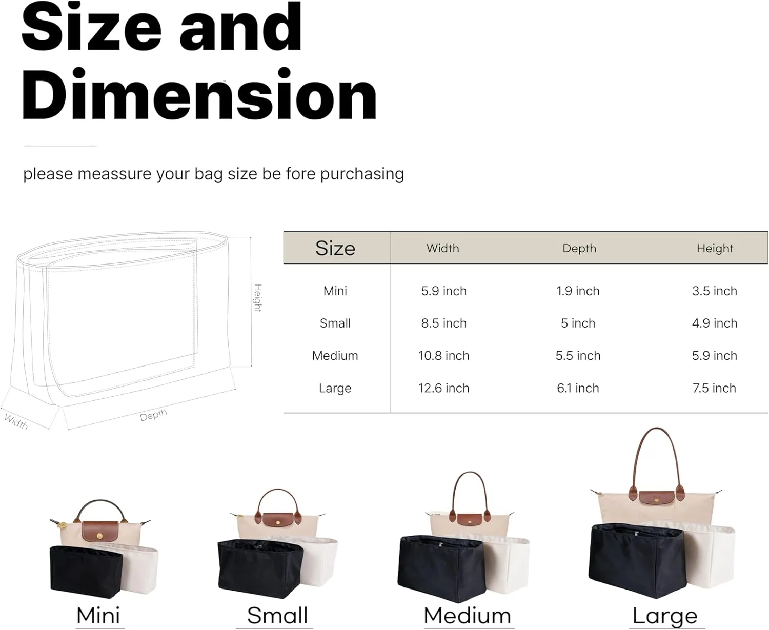 Waterproof Premium Nylon Purse Organizer Insert for Longchamp Le Pliage Handbags (Beige, Medium)