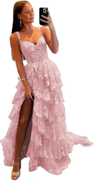 Wchecalino Sparkly Tiered Lace Tulle Prom Dresses Long 2025 Spaghetti Straps Formal Corset Evening Gown with Slit