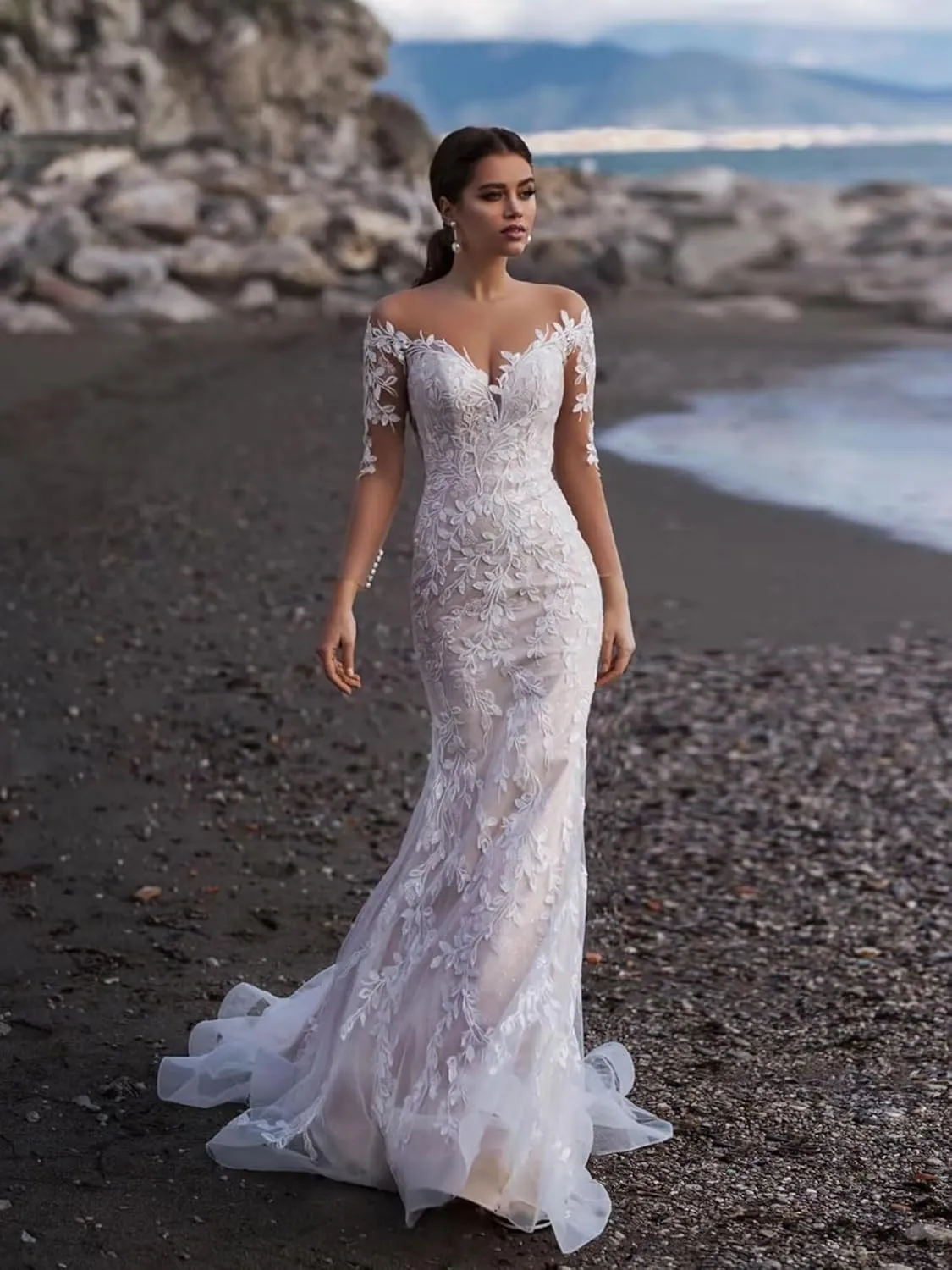 Wedding Dresses for Bride Boho Lace Appliques Empire Chapel A-Line V-Neck Tulle Bridal Gowns with Train