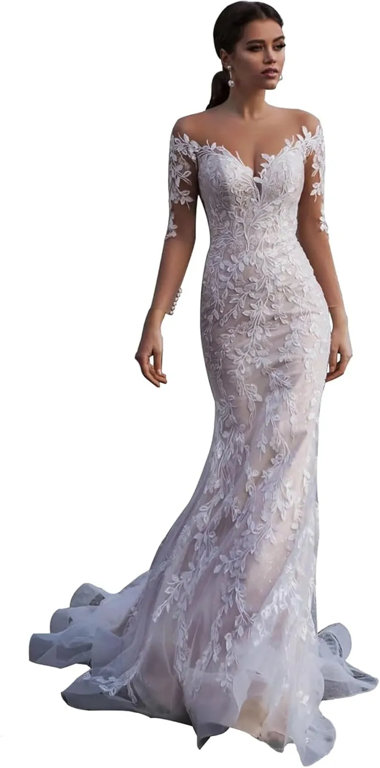 Wedding Dresses for Bride Boho Lace Appliques Empire Chapel A-Line V-Neck Tulle Bridal Gowns with Train
