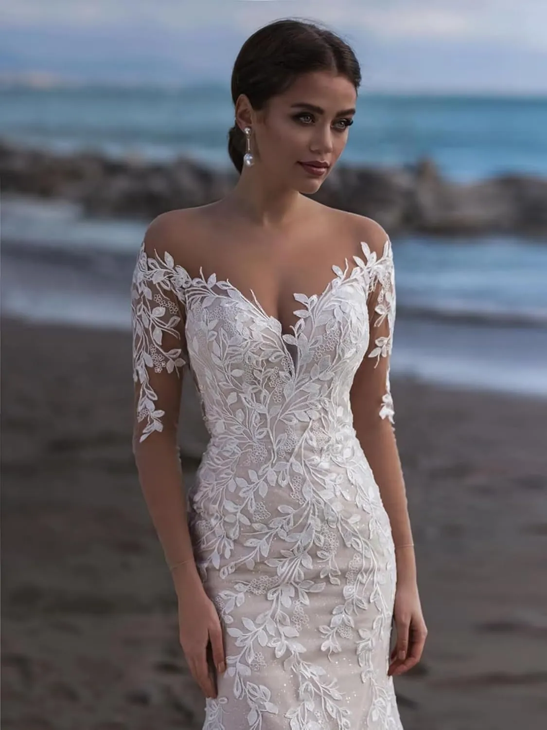 Wedding Dresses for Bride Boho Lace Appliques Empire Chapel A-Line V-Neck Tulle Bridal Gowns with Train