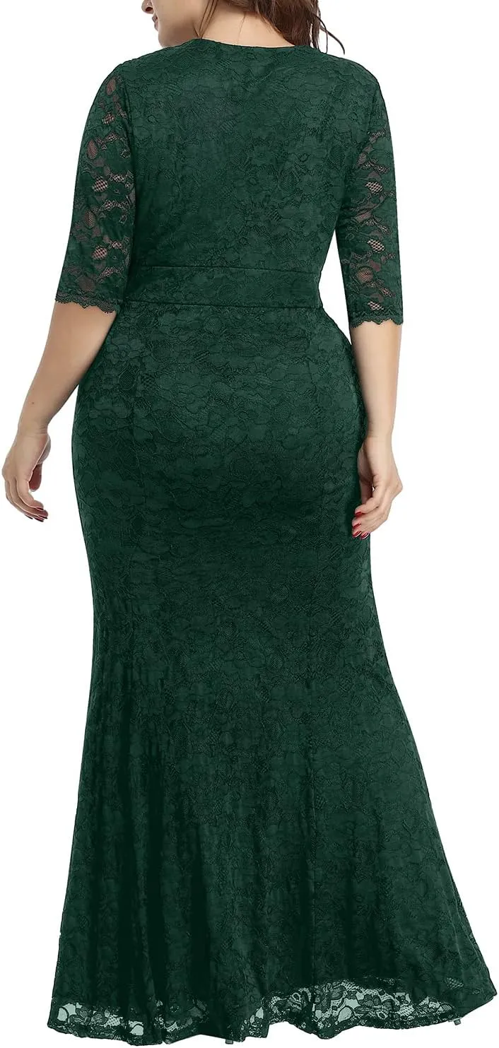 Wedding Dresses for Bride Plus Size - Mermaid Formal Evening Gown Wrap Neck Lace Dress