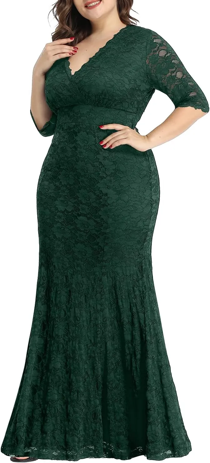 Wedding Dresses for Bride Plus Size - Mermaid Formal Evening Gown Wrap Neck Lace Dress