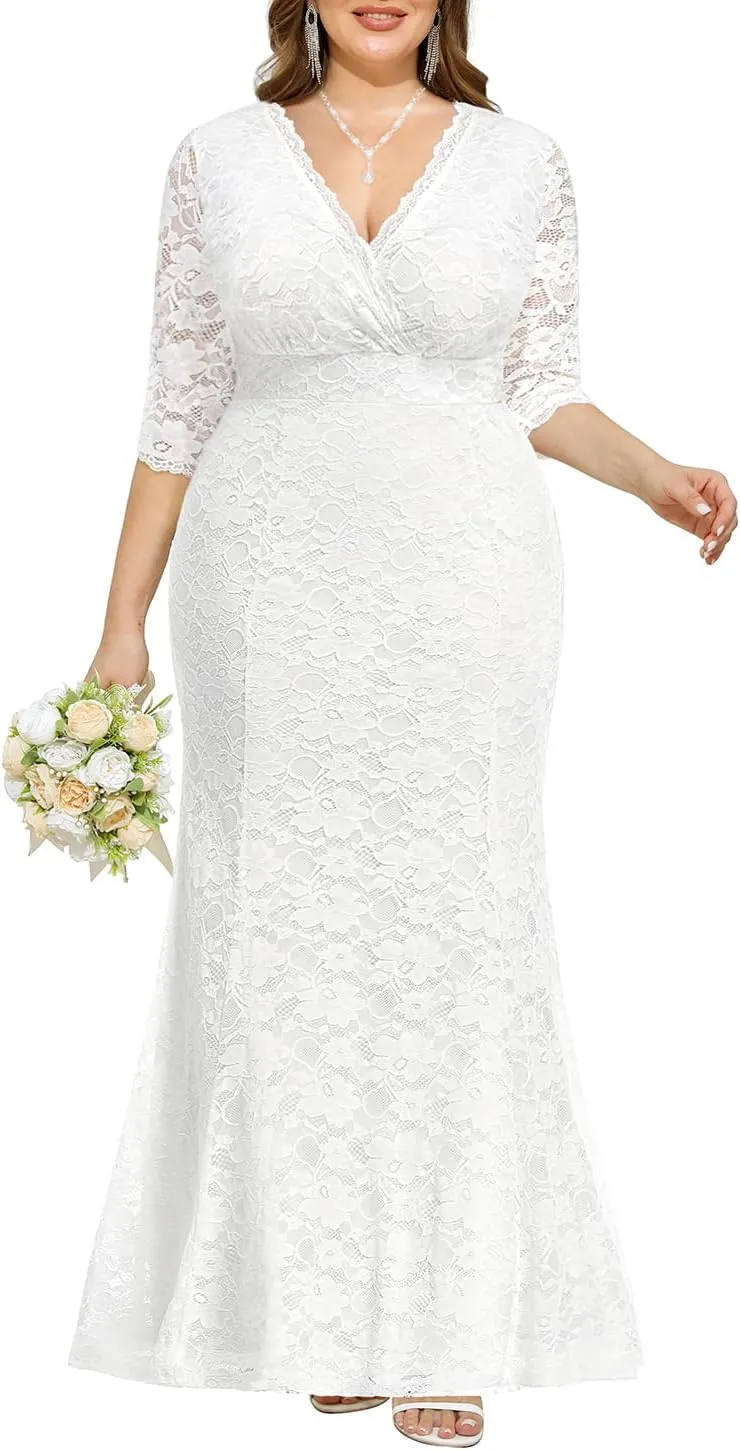 Wedding Dresses for Bride Plus Size - Mermaid Formal Evening Gown Wrap Neck Lace Dress