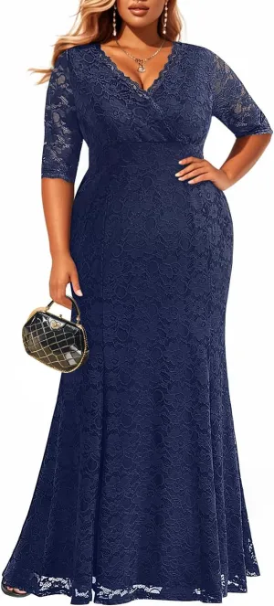 Wedding Dresses for Bride Plus Size - Mermaid Formal Evening Gown Wrap Neck Lace Dress