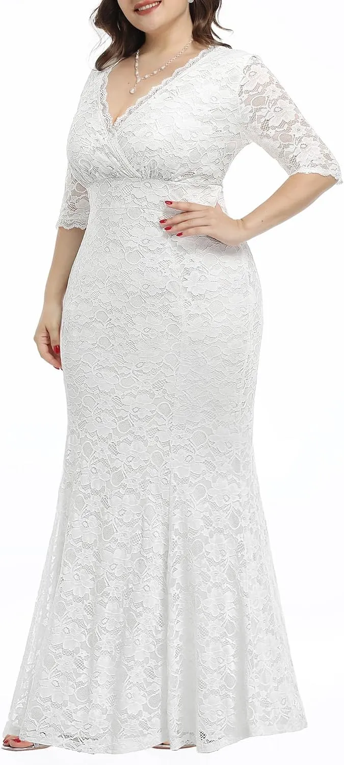Wedding Dresses for Bride Plus Size - Mermaid Formal Evening Gown Wrap Neck Lace Dress
