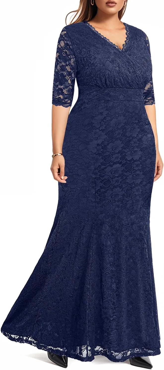 Wedding Dresses for Bride Plus Size - Mermaid Formal Evening Gown Wrap Neck Lace Dress