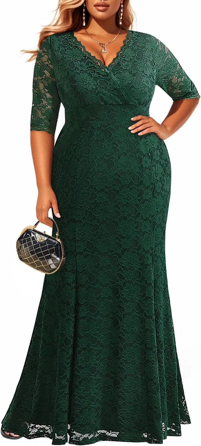 Wedding Dresses for Bride Plus Size - Mermaid Formal Evening Gown Wrap Neck Lace Dress