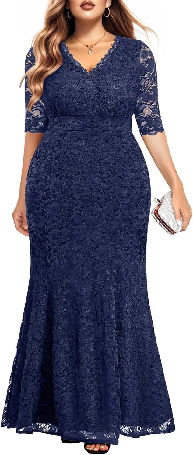 Wedding Dresses for Bride Plus Size - Mermaid Formal Evening Gown Wrap Neck Lace Dress