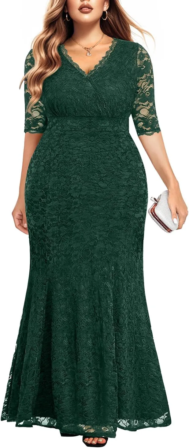 Wedding Dresses for Bride Plus Size - Mermaid Formal Evening Gown Wrap Neck Lace Dress