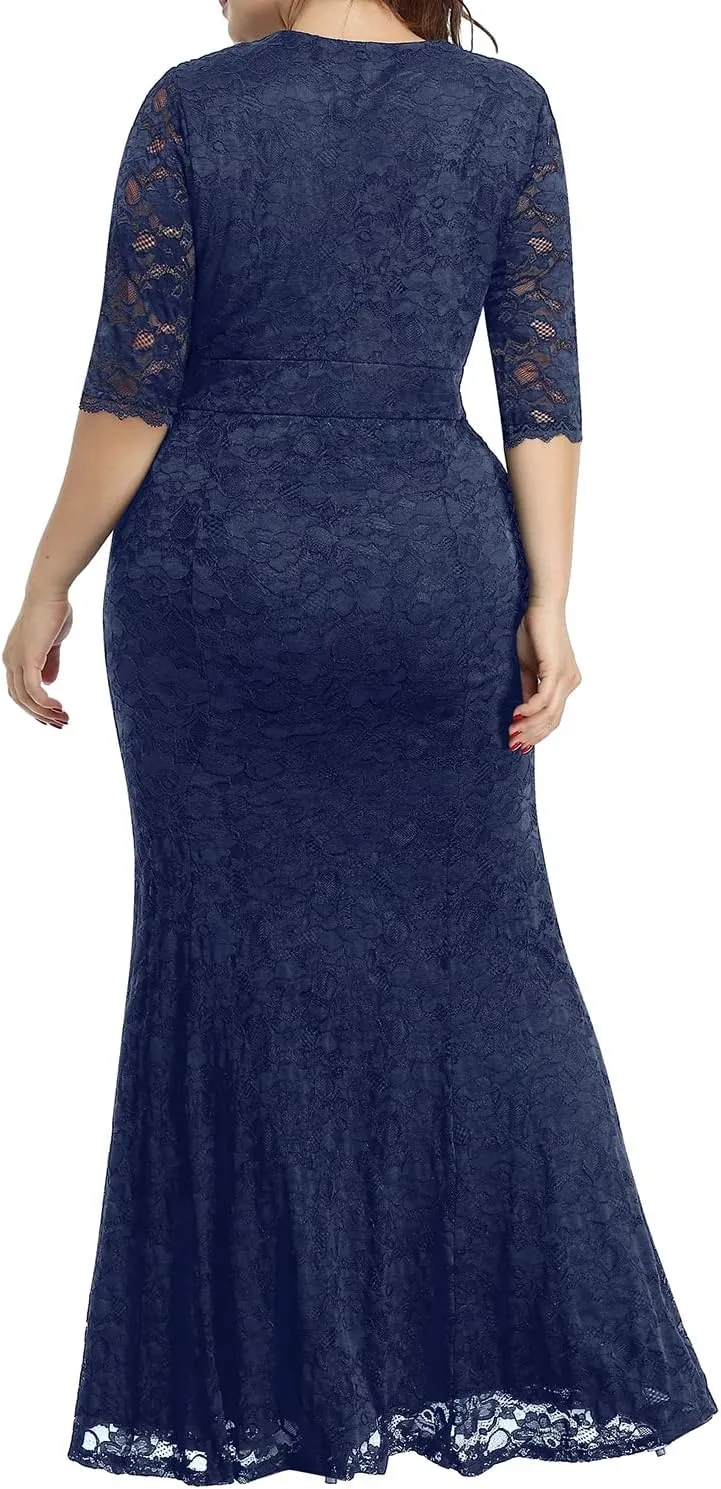 Wedding Dresses for Bride Plus Size - Mermaid Formal Evening Gown Wrap Neck Lace Dress