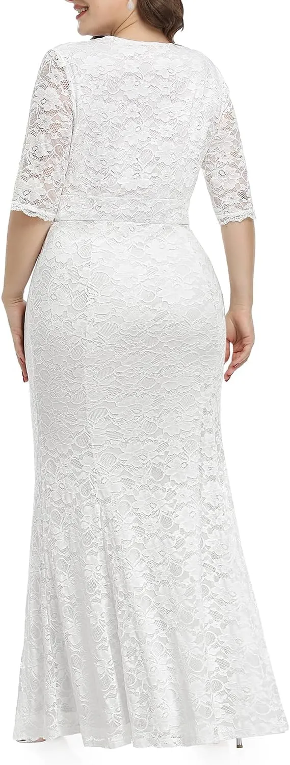 Wedding Dresses for Bride Plus Size - Mermaid Formal Evening Gown Wrap Neck Lace Dress