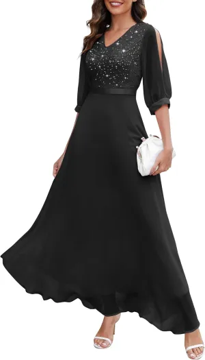 Wedtrend Women's Sequin Dress Sparkly Glitter Dress Split Sleeves Formal Dresses Maxi Evening Dress
